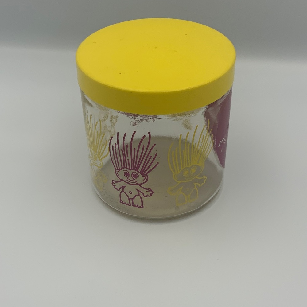 Vintage Trolls Glass Jar with Yellow Lid 80’s
